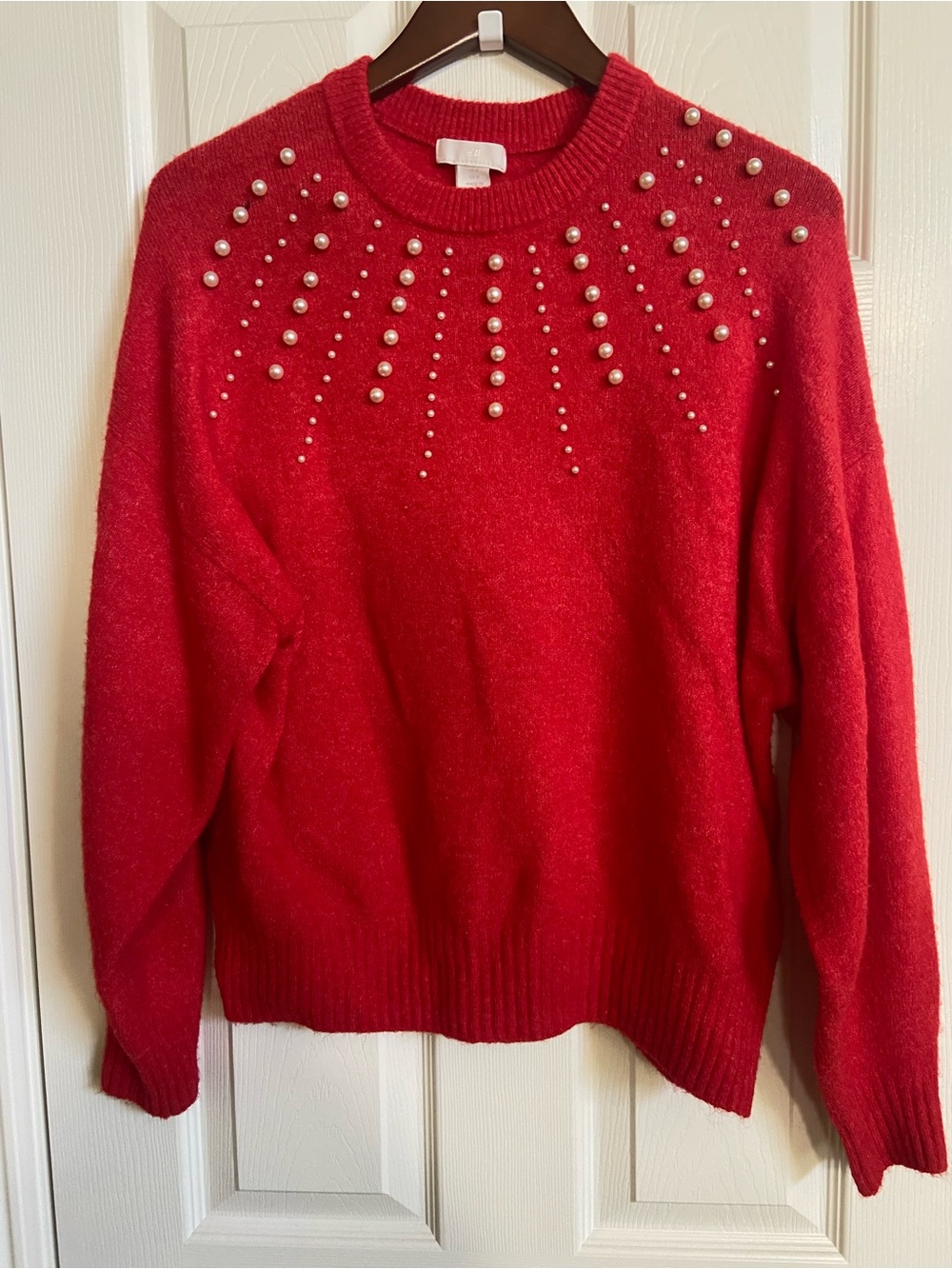 H&M Red Pearl-Studded Crewneck Sweater